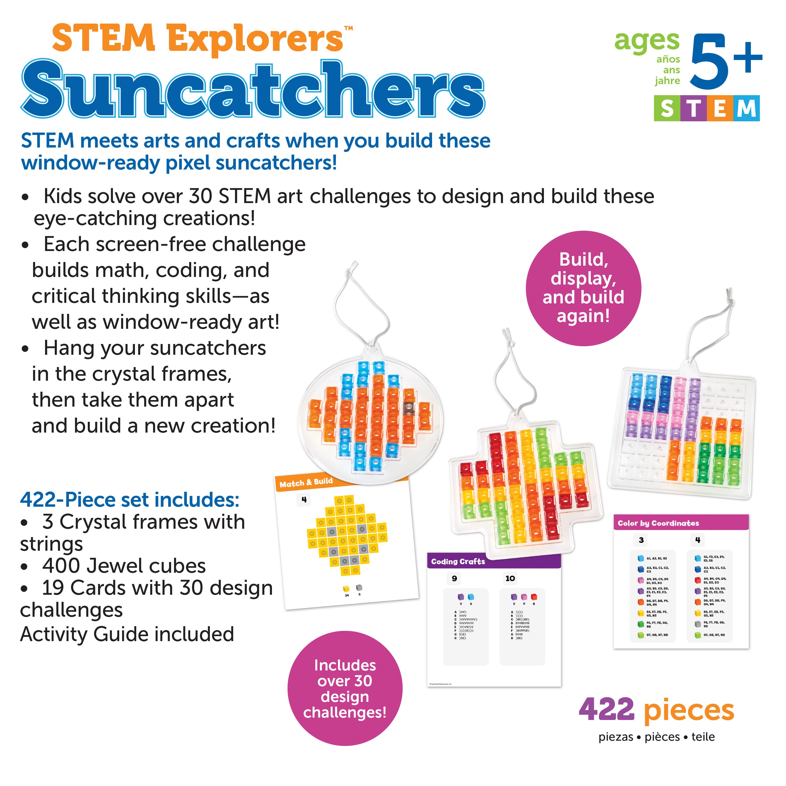 STEM Explorers Suncatchers-Spielset mit Rahmen, bunten Juwelen und Designkarten für Kinder ab 5 Jahren.