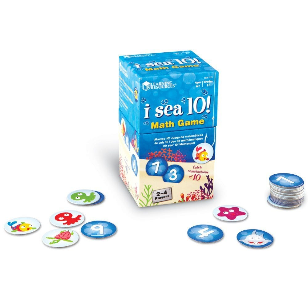 Blaue I Sea 10! Mathe-Spiel-Box mit bunten Ozean-Karten und Token auf weißem Hintergrund.