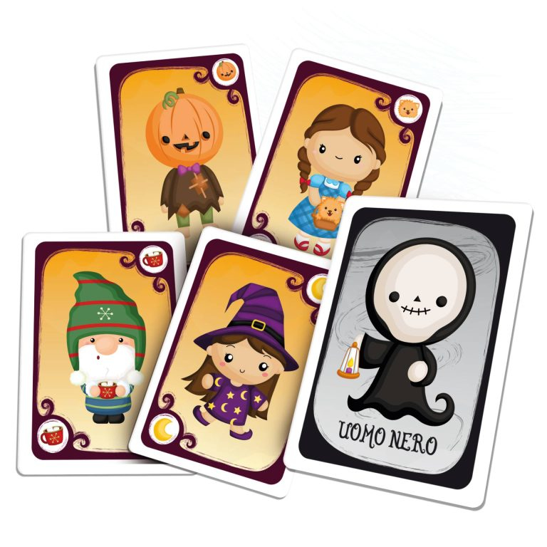Fünf Spielkarten mit niedlichen Zeichentrickfiguren wie Kürbis, Mädchen, Zwerg, Hexe und Sensenmann.