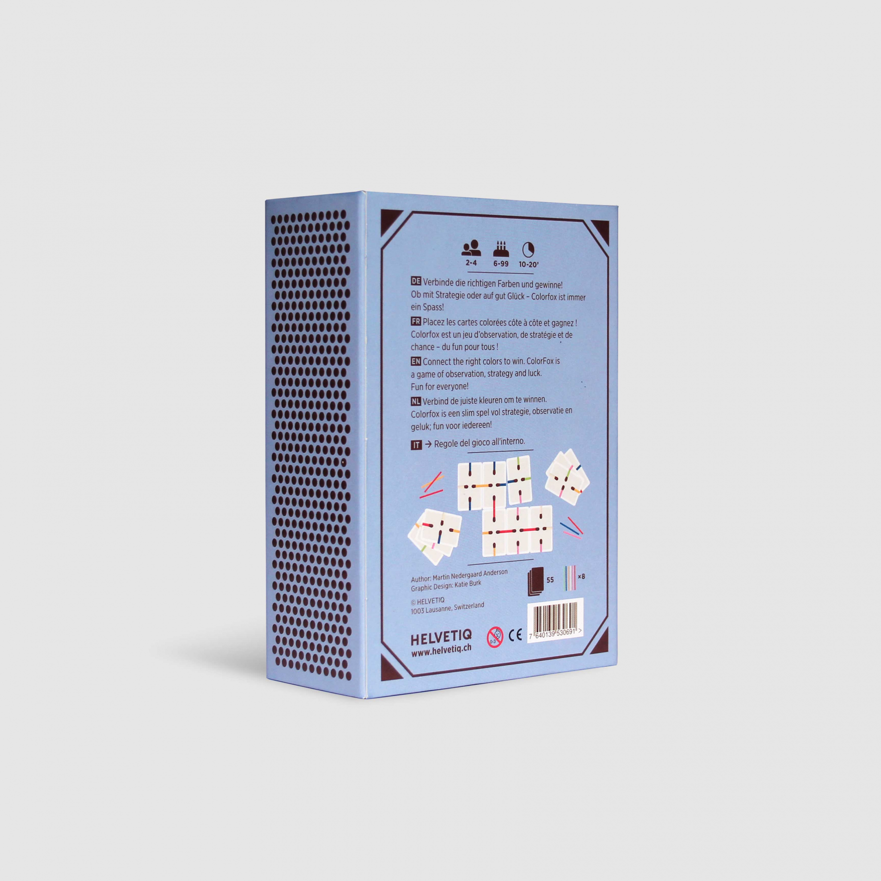 Rückseite einer blauen Helvetiq-Spielschachtel mit Text und kleinen bunten Kartenbildern.