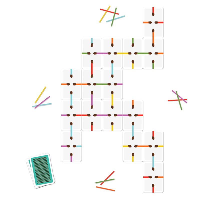 Ein Kartenspiel mit bunten Streichholz-Mustern und kleinen Stapeln auf weißem Hintergrund.