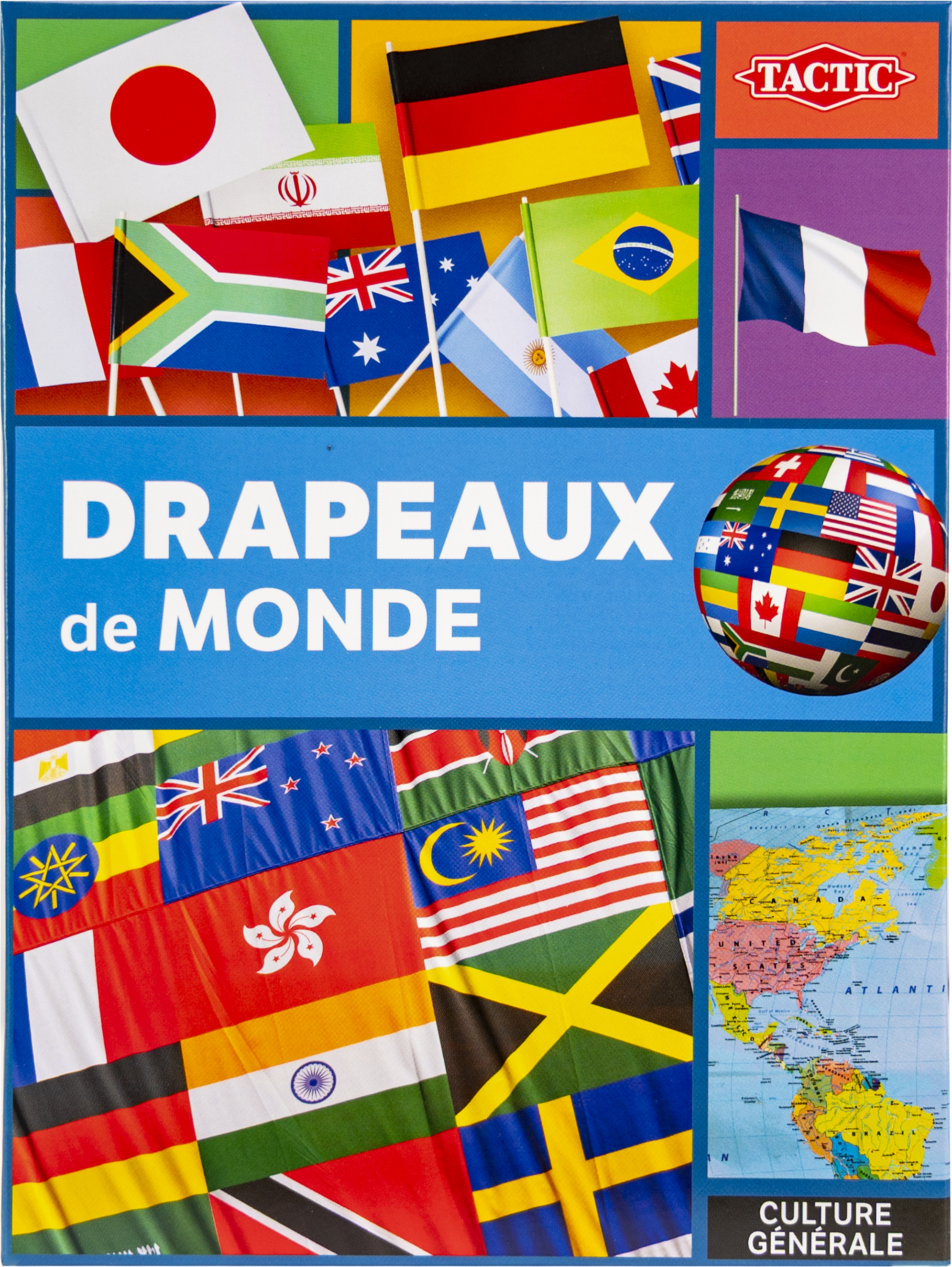 Eine Brettspielschachtel mit vielen Weltflaggen und dem Text DRAPEAUX de MONDE auf blauem Grund.