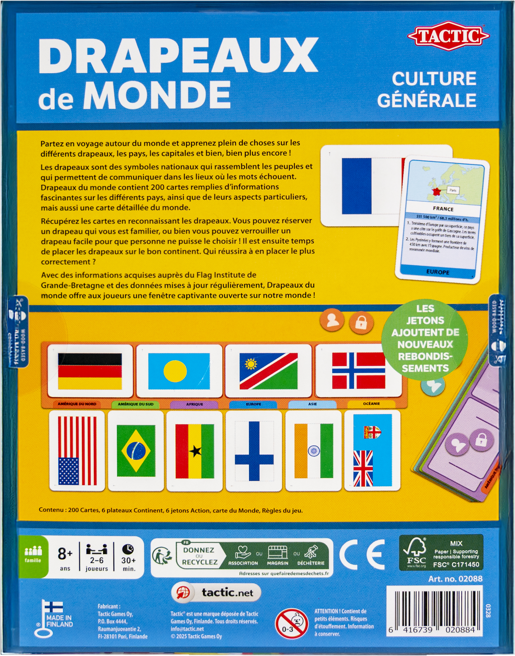 Rückseite einer Brettspielverpackung von Tactic mit Weltflaggen, Text und Symbolen auf gelbem Grund.
