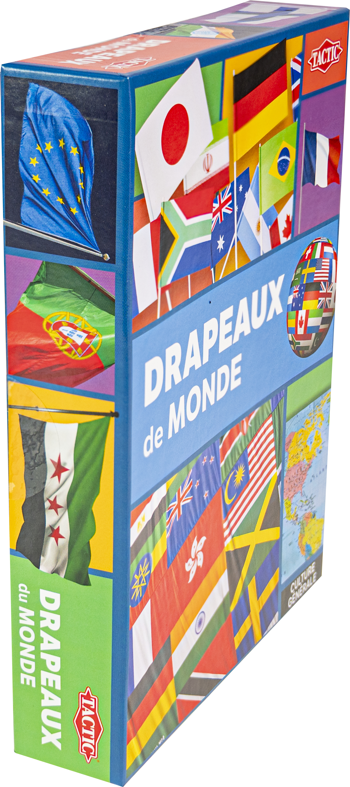 Eine Tactic-Brettspielschachtel mit dem Titel 'Drapeaux du Monde' zeigt eine Collage aus internationalen Flaggen.
