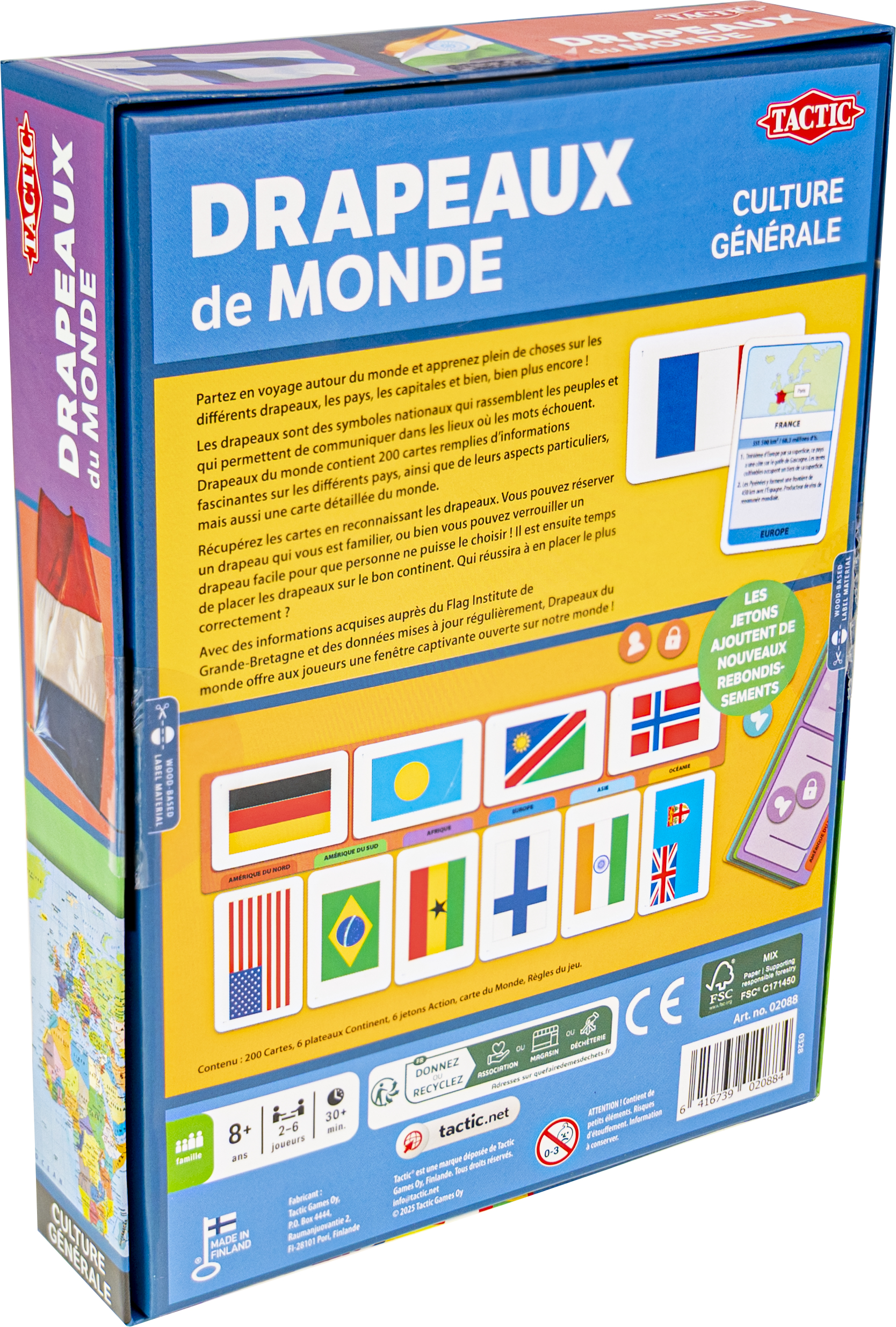 Rückseite der französischen Brettspielbox mit Spieldetails, Flaggen und Karten.