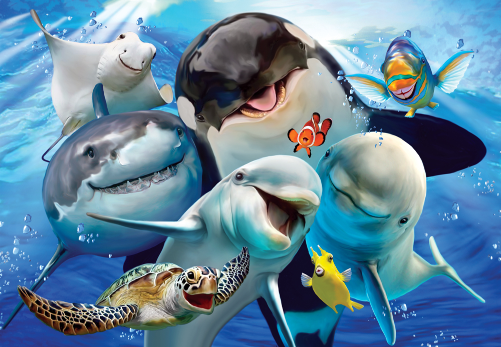 Fröhliche Meerestiere wie Orca, Hai, Delphine und bunte Fische schwimmen im blauen Ozean.