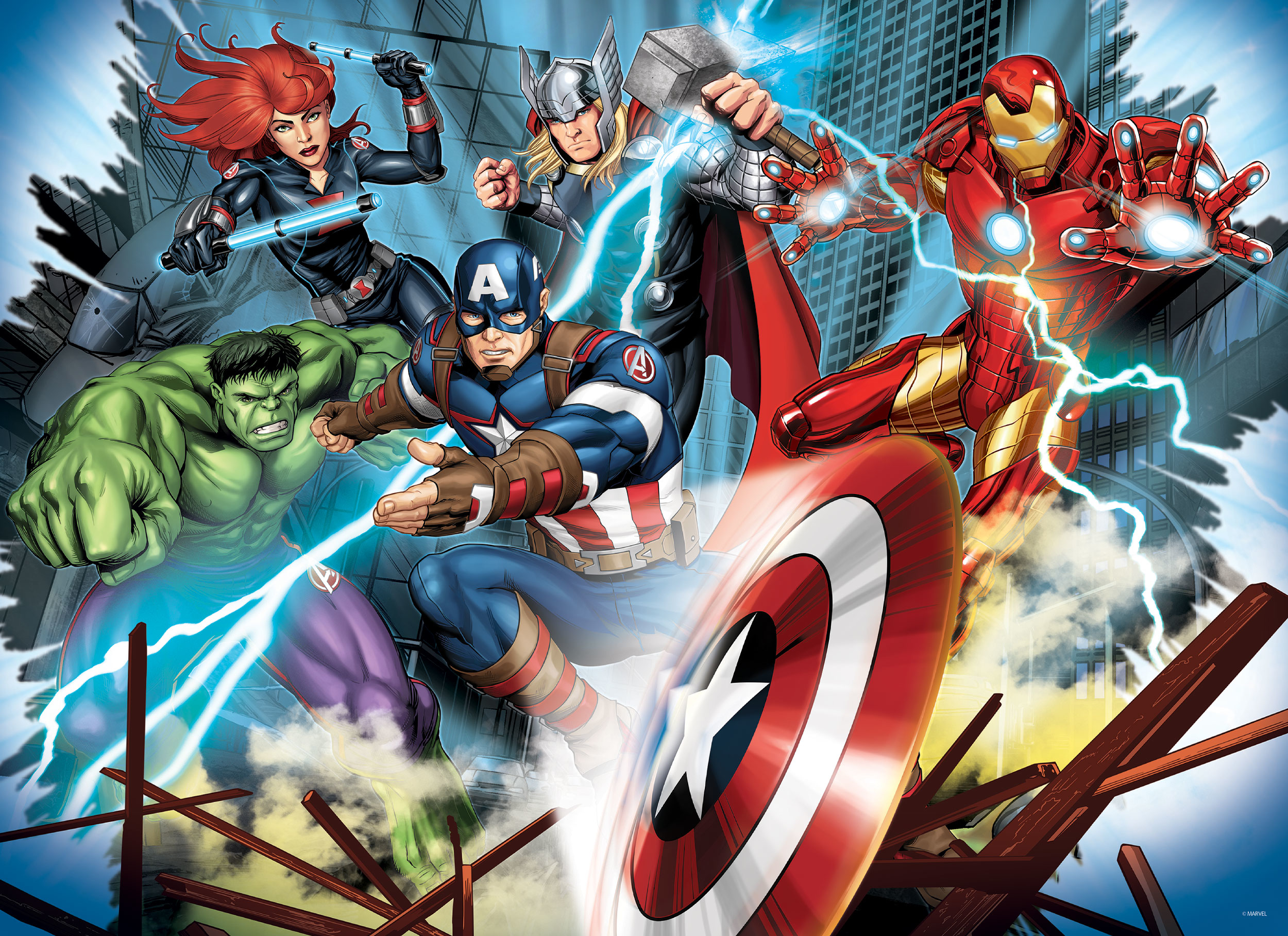 Superhéroes de Marvel como Hulk, Thor, Iron Man, Capitán América y Viuda Negra en acción.