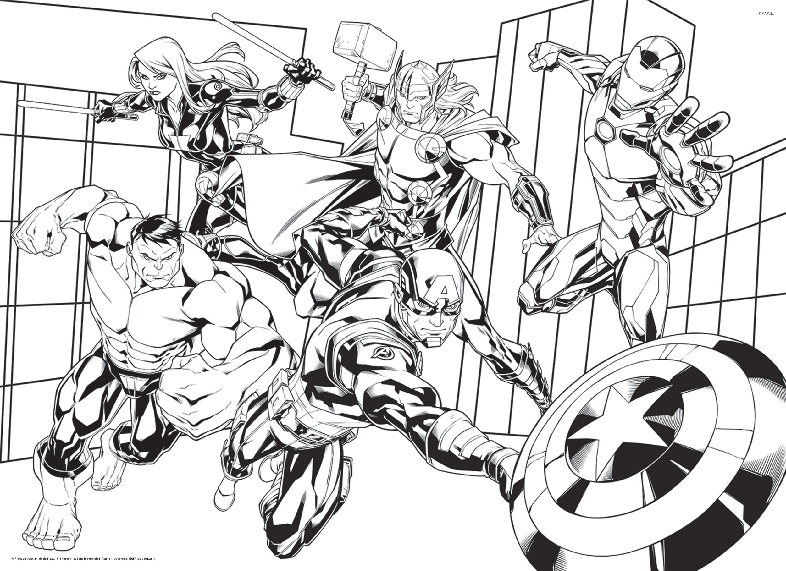 Dibujo para colorear en blanco y negro con los superhéroes de los Vengadores Hulk, Thor, Iron Man, Capitán América y Viuda Negra.