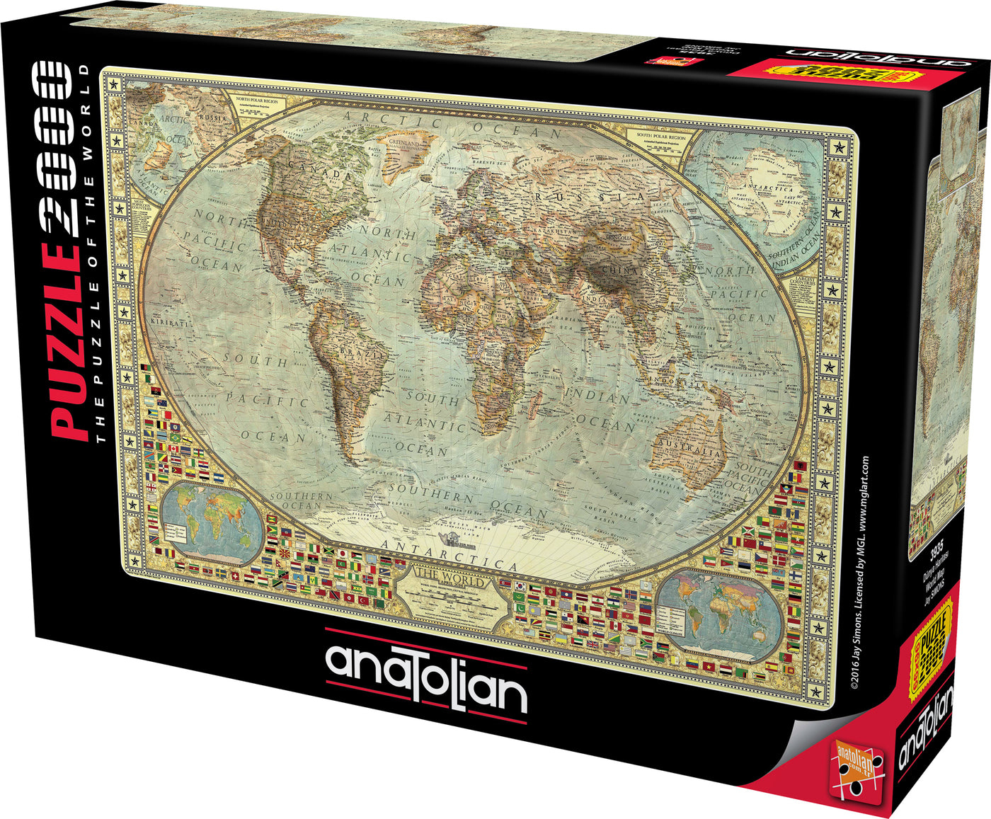 Eine schwarze Schachtel für ein Anatolian-Puzzle mit 2000 Teilen, die eine antike Weltkarte mit Flaggen zeigt.