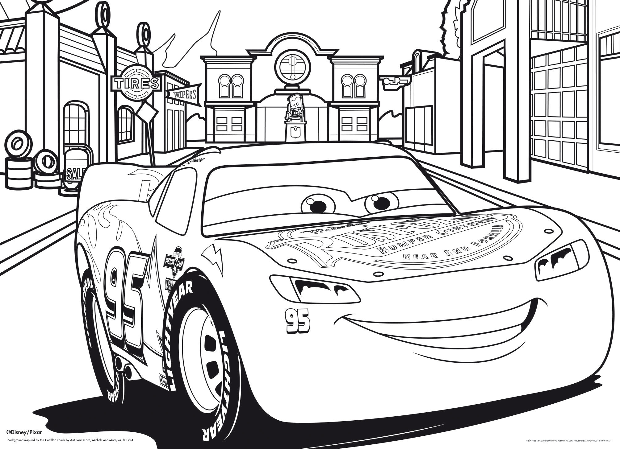 Ein Ausmalbild von Lightning McQueen aus Cars auf einer Straße.