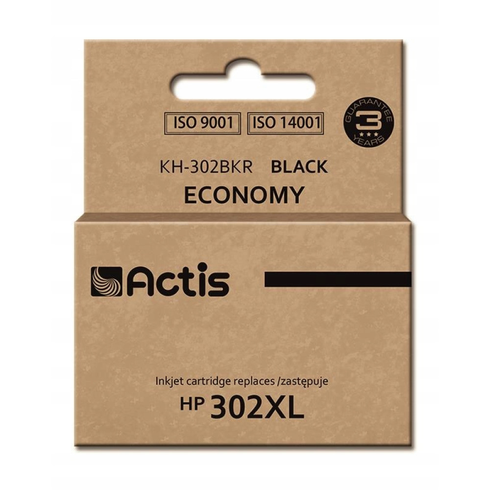 Brązowe pudełko kartonowe na tusz Actis HP 302XL Black Economy z certyfikatami ISO.