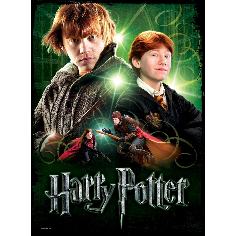 Póster con Ron Weasley, fondo verde, figuras más pequeñas volando en escobas y el logotipo de Harry Potter.
