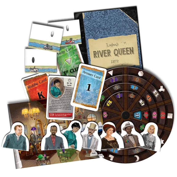 Brettspielkomponenten inklusive Fallbuch, Karten, runder Drehscheibe und Pappaufstellern von Charakteren.