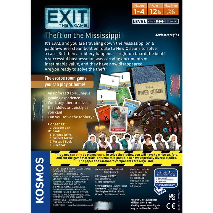 Rückseite der EXIT Brettspielverpackung Theft on the Mississippi mit Karten, Decoder und Spielregeln.