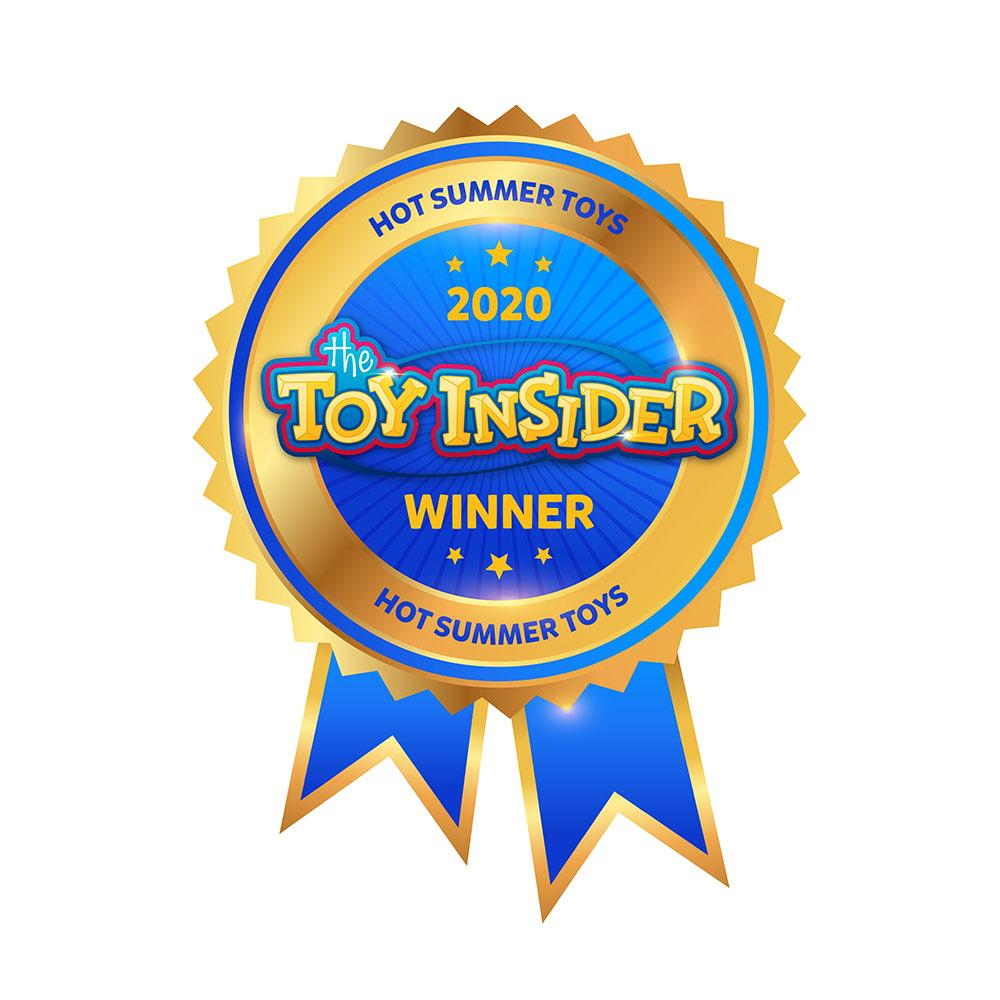 Goldene und blaue Abzeichen für Hot Summer Toys 2020 Gewinner von The Toy Insider mit zwei blauen Bändern.