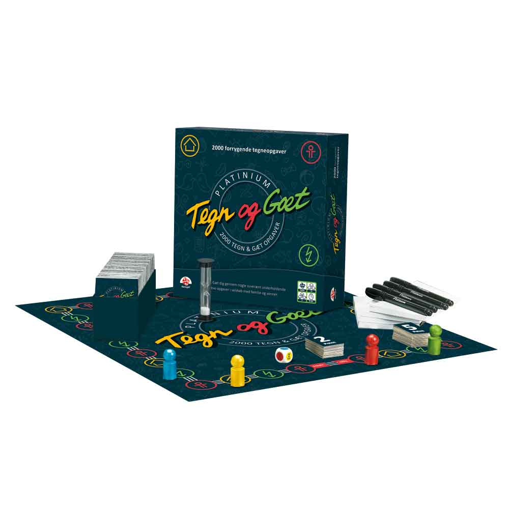 Ein Brettspiel auf blauem Grund mit Box, Würfel, Sanduhr, Karten, Stiften und farbigen Spielfiguren.