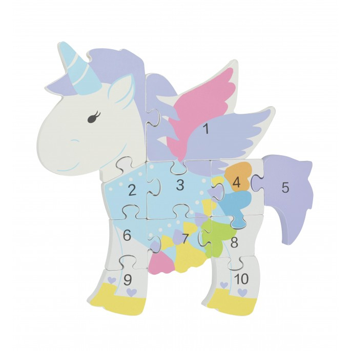 Eingefaßtes Holzeinlegepuzzle in Form eines weißen Einhorns mit bunten Flügeln und nummerierten Teilen von 1 bis 10.