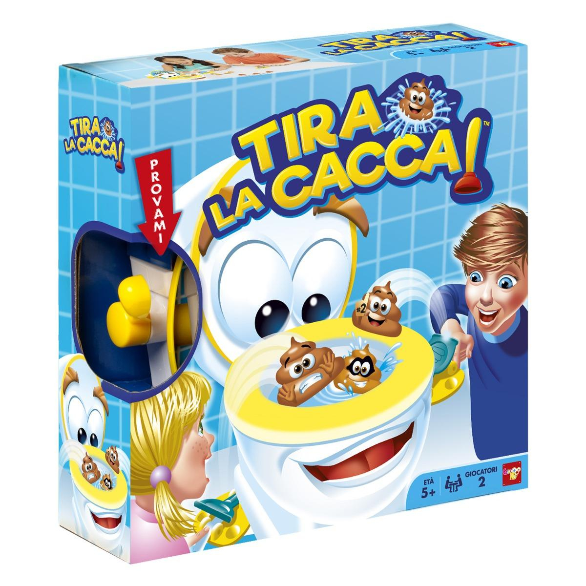 Eine bunte Tira La Cacca Gesellschaftsspiel-Box mit einer Cartoon-Toilette und lächelnden Kackfiguren.