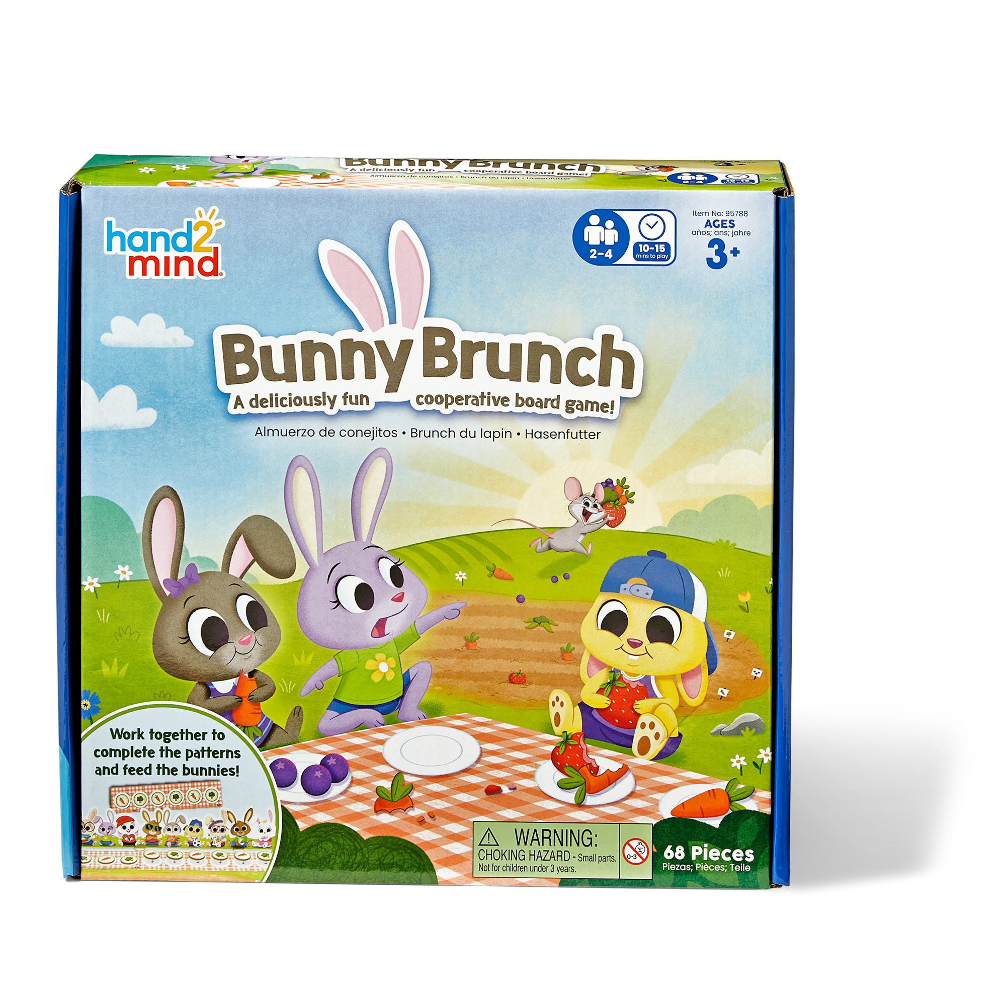 Spielschachtel für das kooperative Brettspiel Bunny Brunch mit Cartoon-Hasen, Picknickdecke und Karotten.