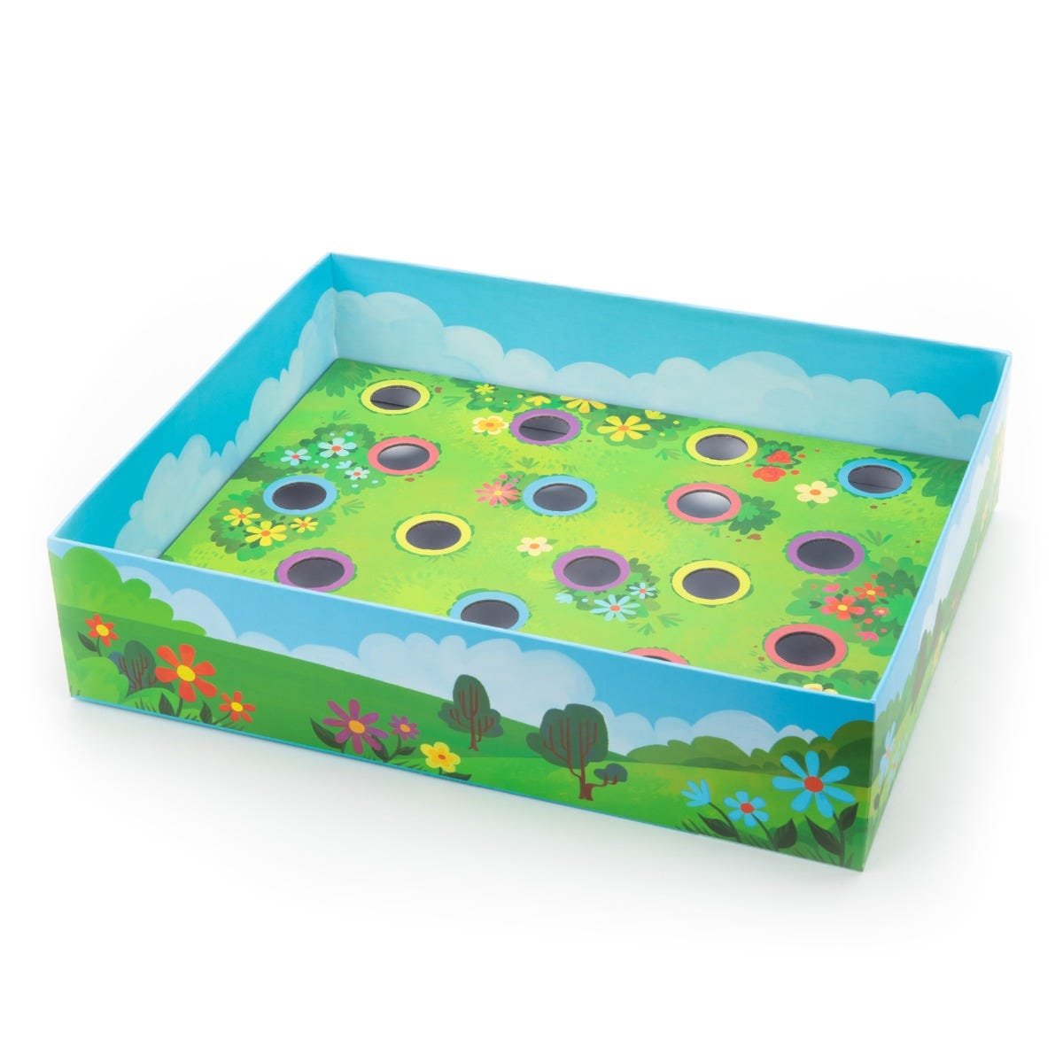 Buntes Kinderspielbrett mit Löchern im gras- und blumenbedeckten Wiesendesign.