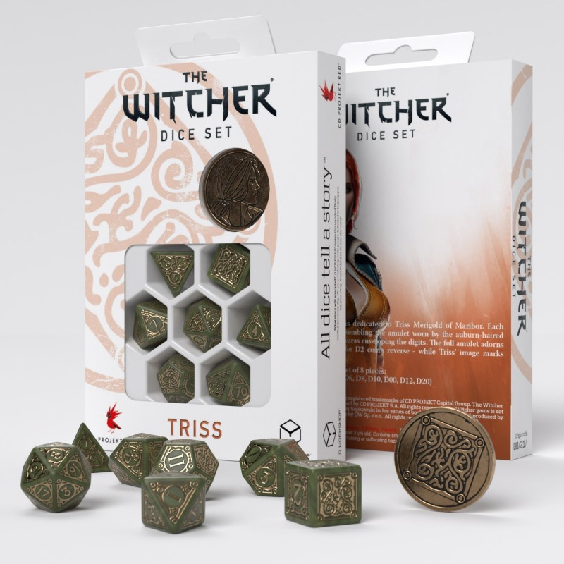Grünes The Witcher Triss Würfelset in Schachtel mit Bronzegravuren.