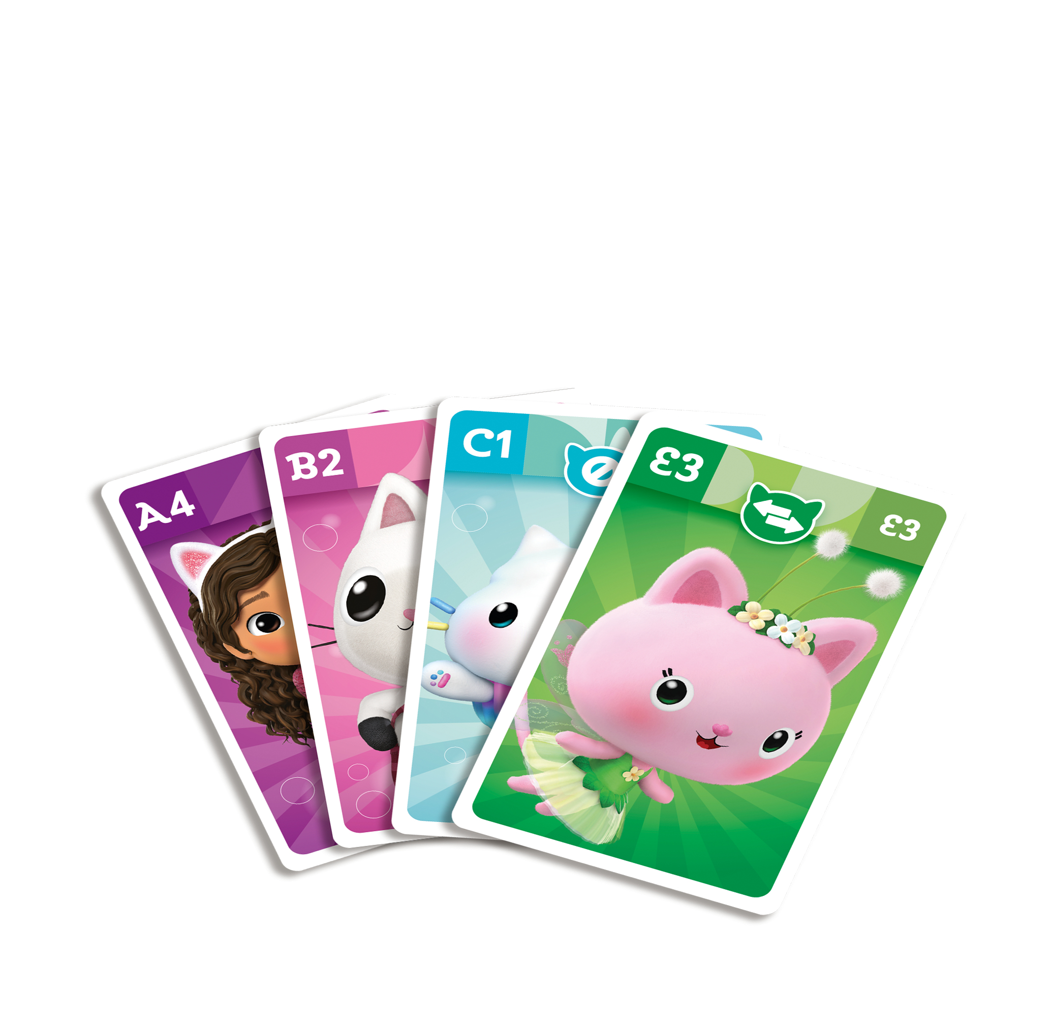 Vier bunte Spielkarten mit Charakteren wie einem Mädchen, einer weißen Katze und einer pinken Feenkatze vor weißem Hintergrund.