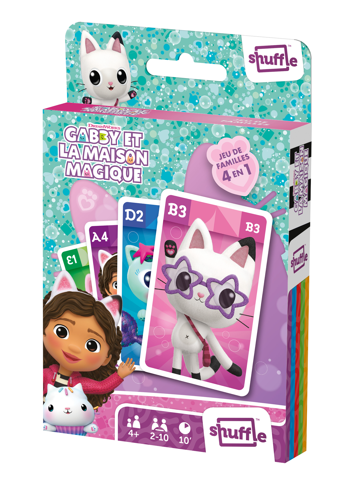 Verpackung eines Gabby's Dollhouse Kartenspiels mit Katzenfiguren, bunten Karten und dem Shuffle-Logo.