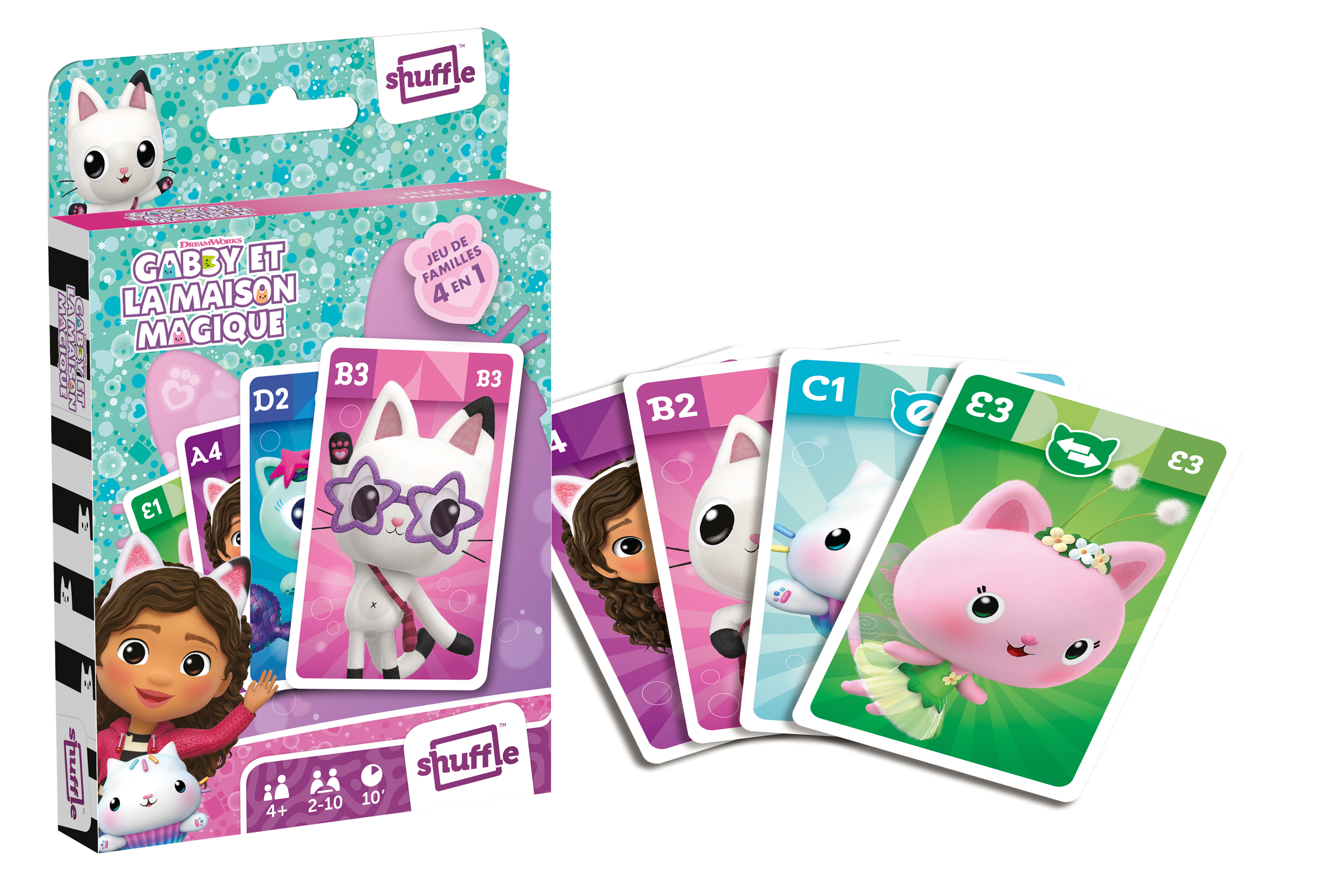 Verpackung und bunte Spielkarten von Gabbys Dollhouse.