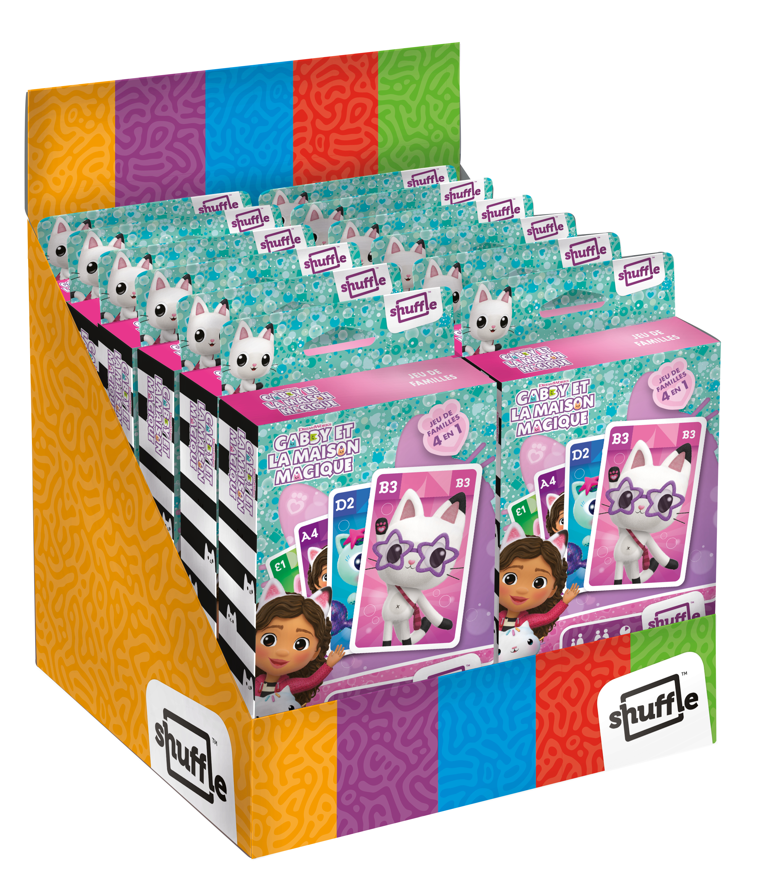 Ein Pappaufsteller gefüllt mit mehreren Gabby's Dollhouse Kartenspielpackungen in Rosa, Blau und Weiß.