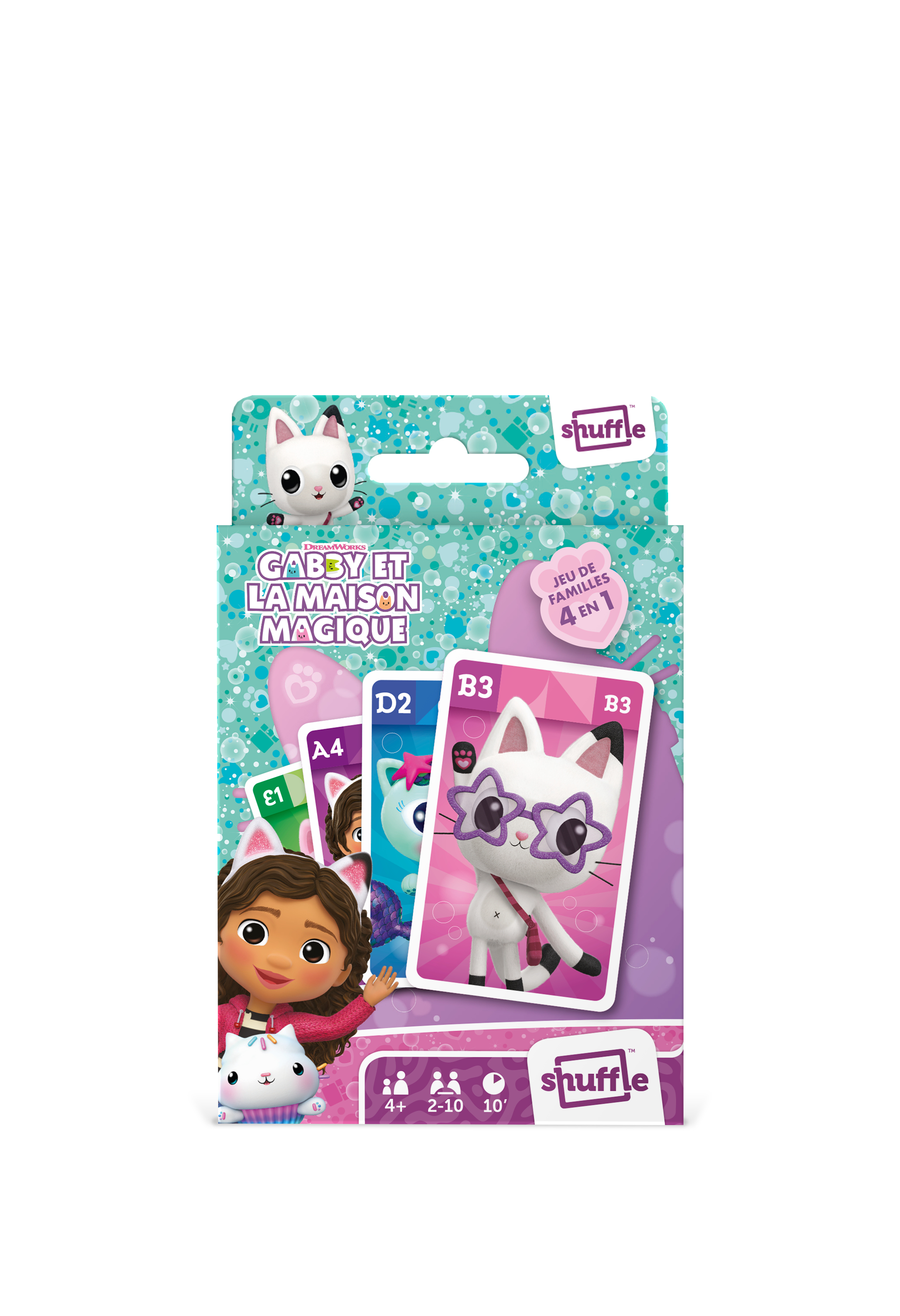 Verpackung eines Gabby's Dollhouse Kartenspiels mit Charakteren und bunten Spielkarten vor blauem Hintergrund.