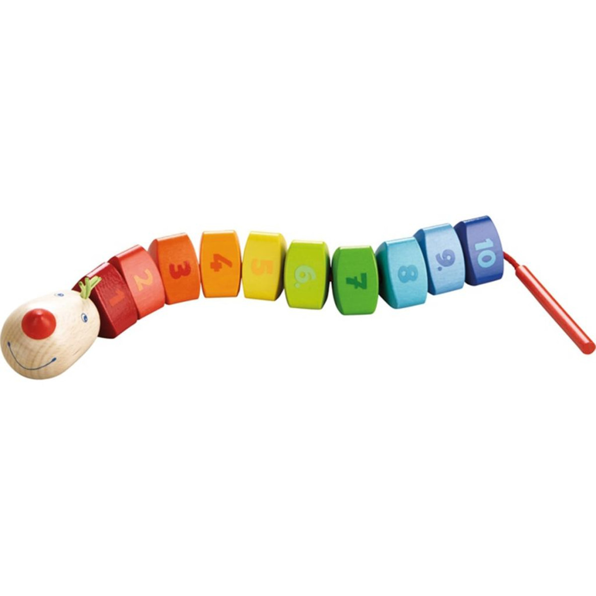 Eine bunte Holzziehraupe mit nummerierten Körpersegmenten von 1 bis 10 auf weißem Hintergrund.