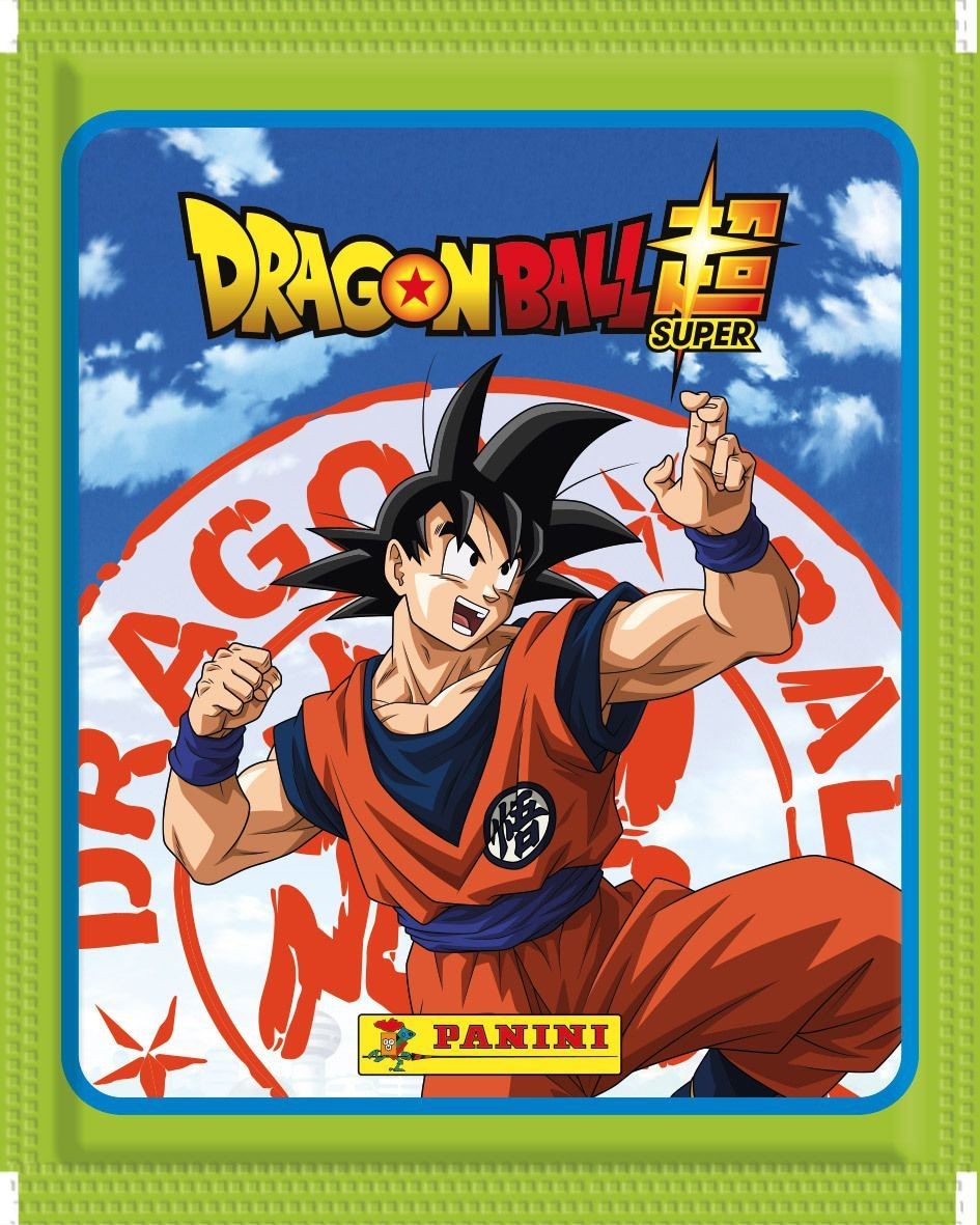 Dragon Ball Super Sammelkartenverpackung mit Goku in Kampfpose vor blauem Himmel und rotem Logo.