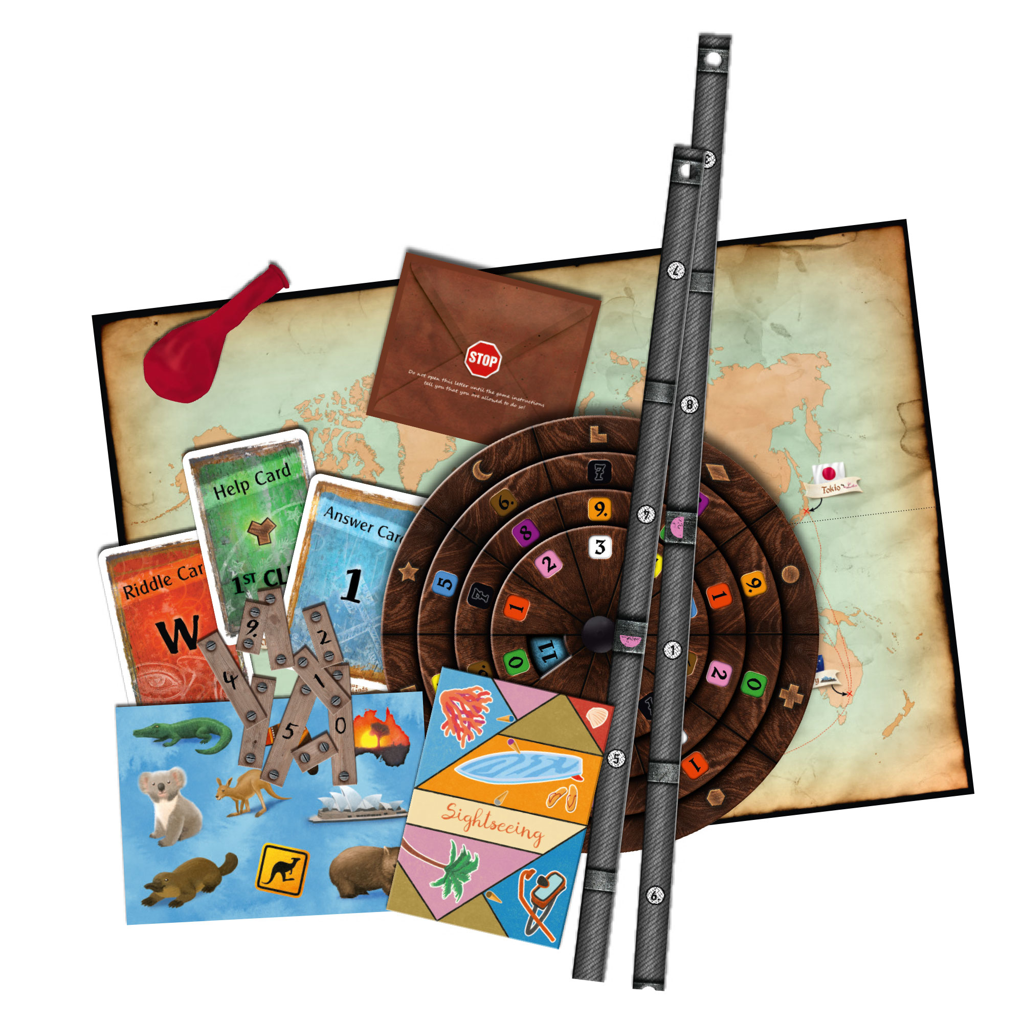 Ein Brettspiel-Setup mit einer Weltkarte, Holzzahnrädern, Spielkarten, einer roten Kordel und verschiedenen Illustrationen.