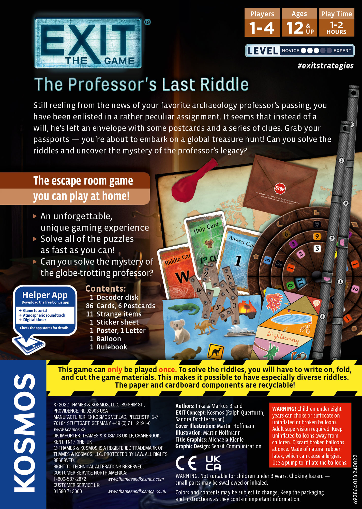 Spielverpackung von Exit - The Game, The Professor's Last Riddle, mit Karten, Rätselscheibe und Textbeschreibungen.
