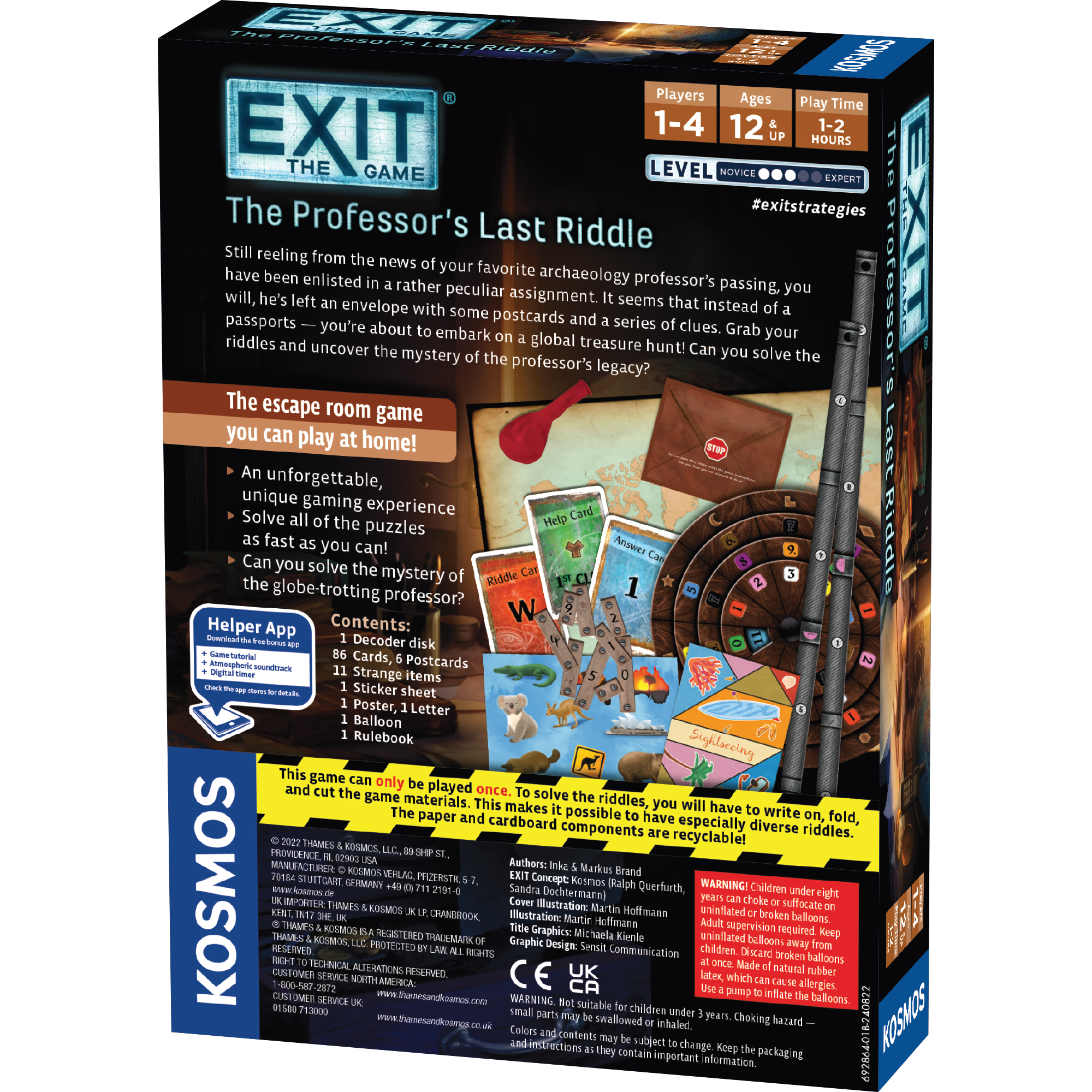 Rückseite der Exit-Brettspielverpackung von Das letzte Rätsel des Professors mit Text und Spielkomponenten.