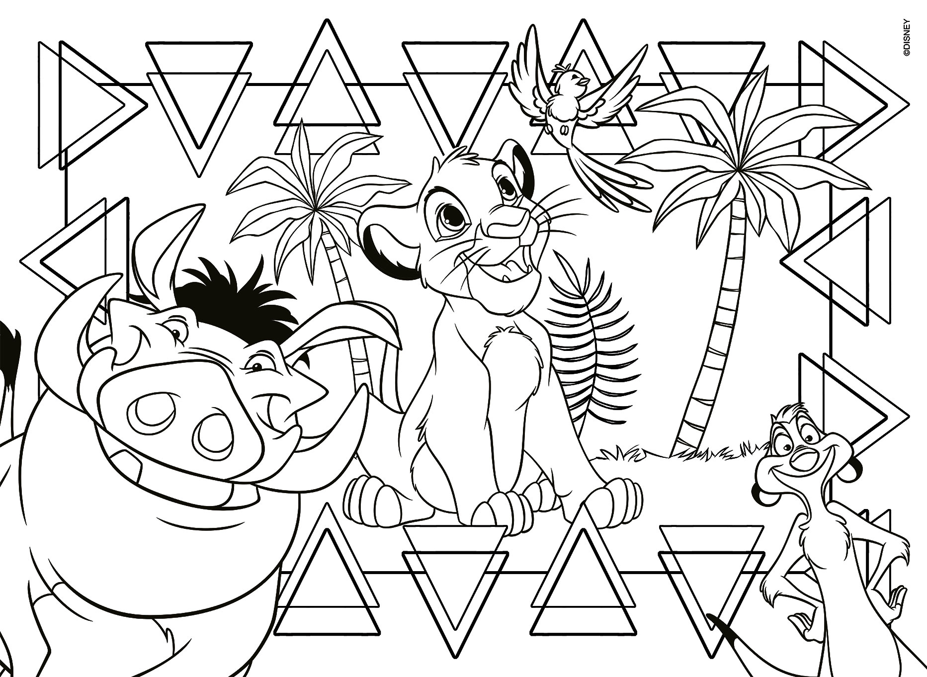 Ein schwarz-weißes Ausmalbild mit Simba, Pumbaa, Timon und einem Vogel im Dschungel mit Palmen und Dreiecksmustern.