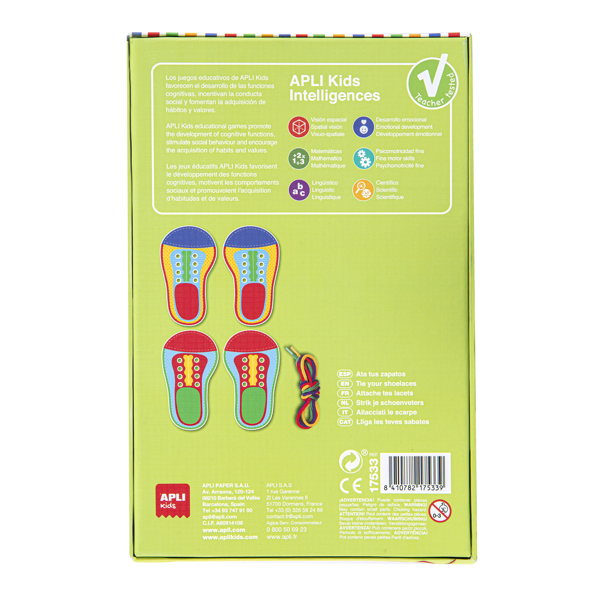 Caja de juguete educativo verde con cuatro zapatos de tela coloridos para practicar cordones y texto.