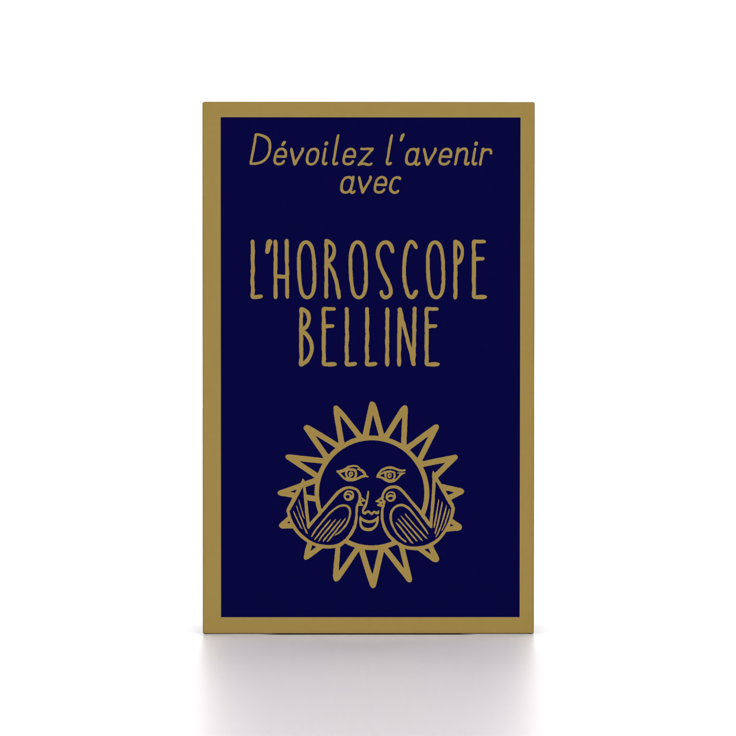 Eine blaue Box mit goldener Aufschrift L'HOROSCOPE BELLINE und einem Sonnen- und Vögelmotiv.