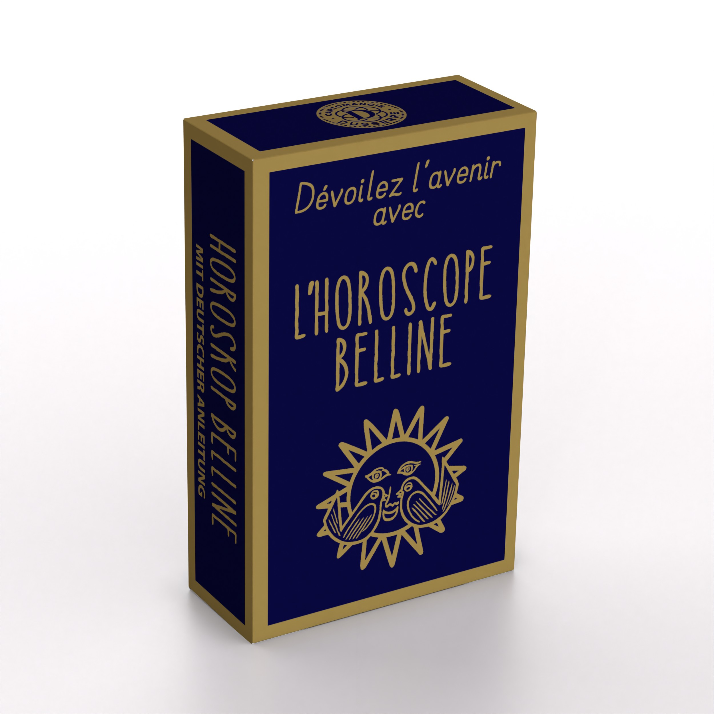 Blaue Schachtel mit goldener Schrift und Sonne-Mond-Motiv für L'Horoscope Belline.