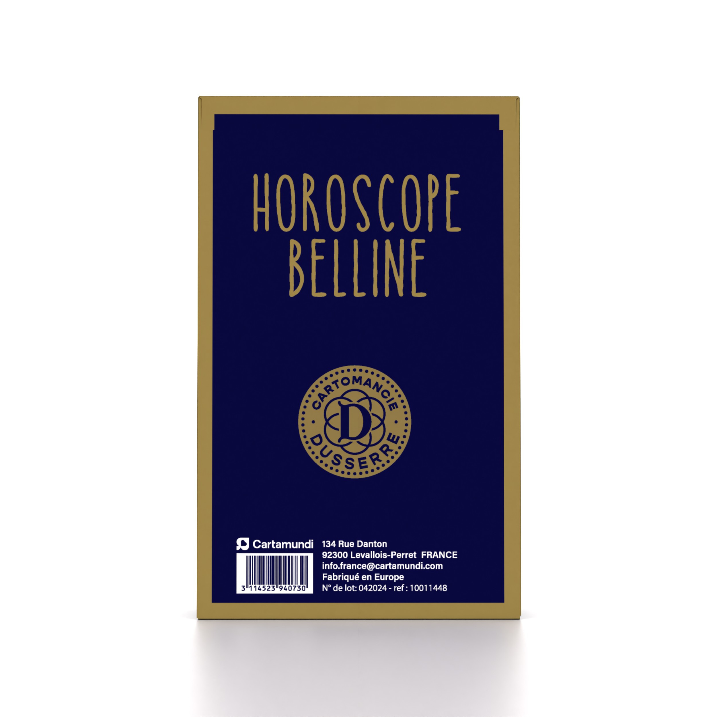 Blaue Horoscope Belline Kartenbox mit goldenen Details und Text.