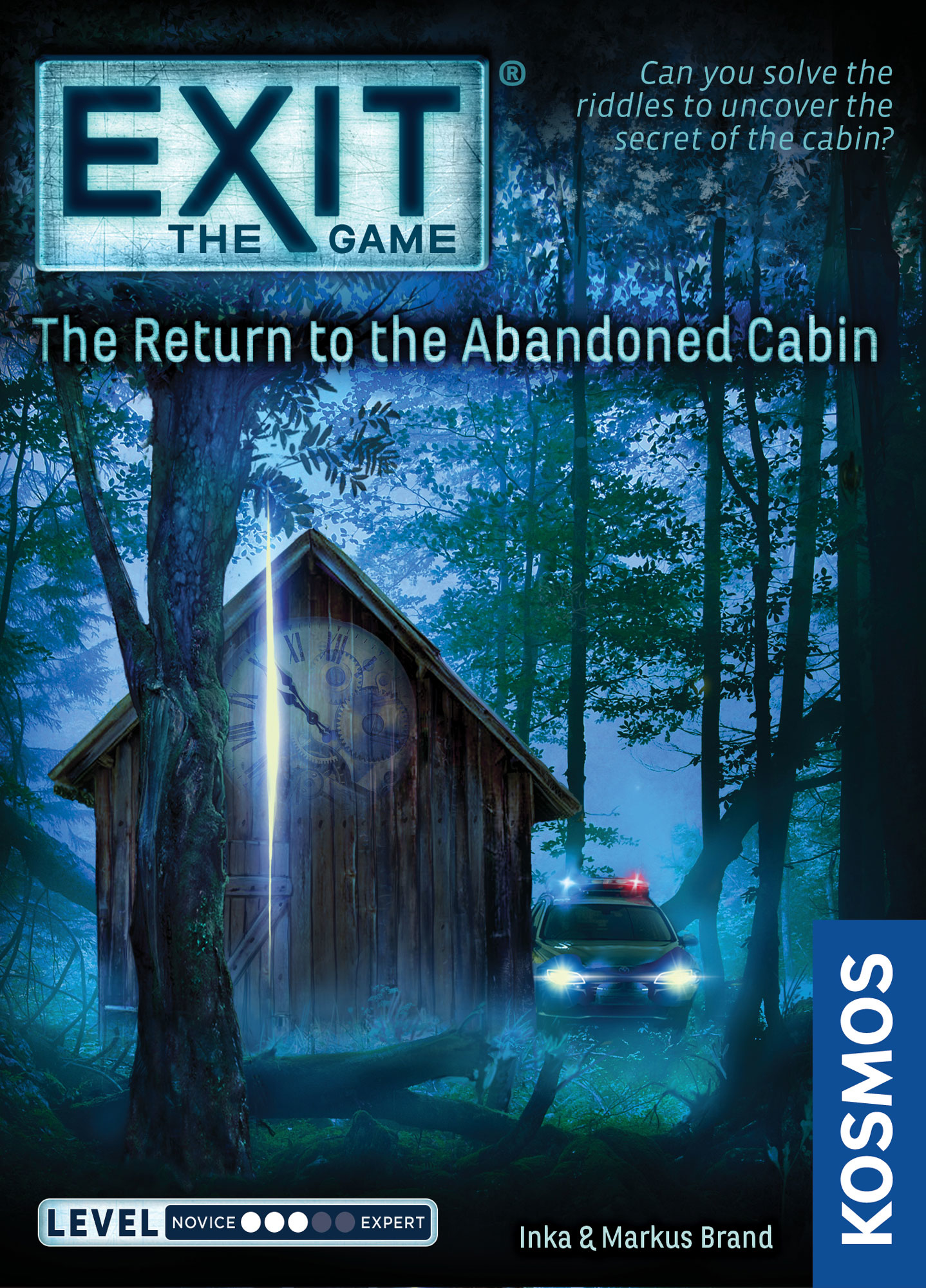 Brettspiel-Cover: Exit – Das Spiel: Die Rückkehr in die verlassene Hütte im nächtlichen Wald mit Polizeiauto.