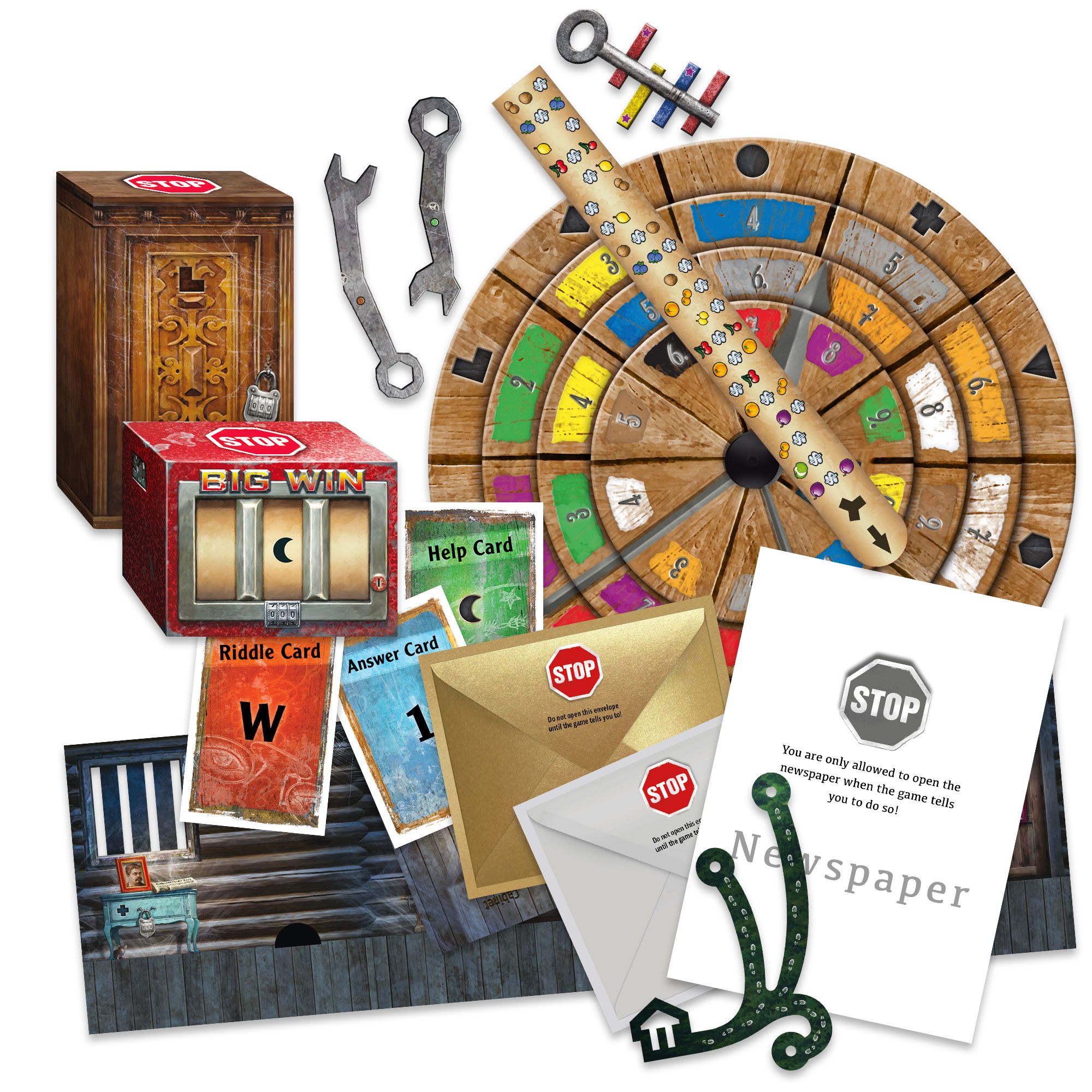 Eine Sammlung von Brettspielkomponenten wie Holzrad, Spielautomaten-Box, Karten, Schlüsseln und Umschlägen.
