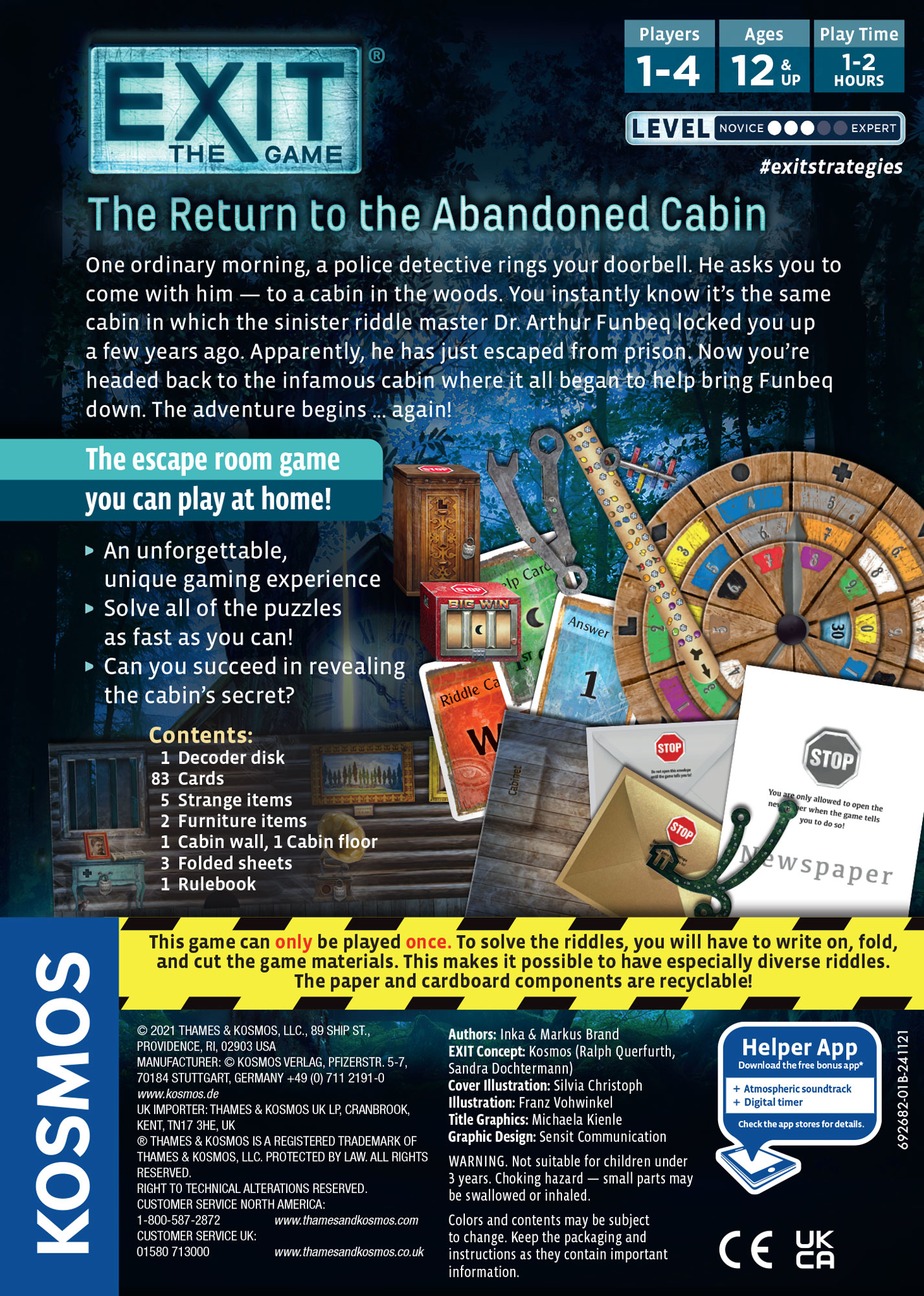 Brettspiel-Cover von EXIT The Game mit Decoder-Scheibe, Karten und Hinweisen vor einer Holzhütte.