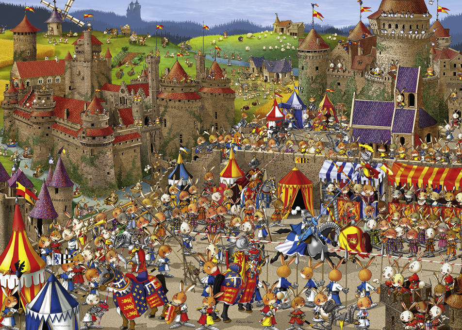 Eine geschäftige Mittelalterszene mit vielen Cartoon-Hasen in Rüstungen an einer großen Burg und bunten Zelten.