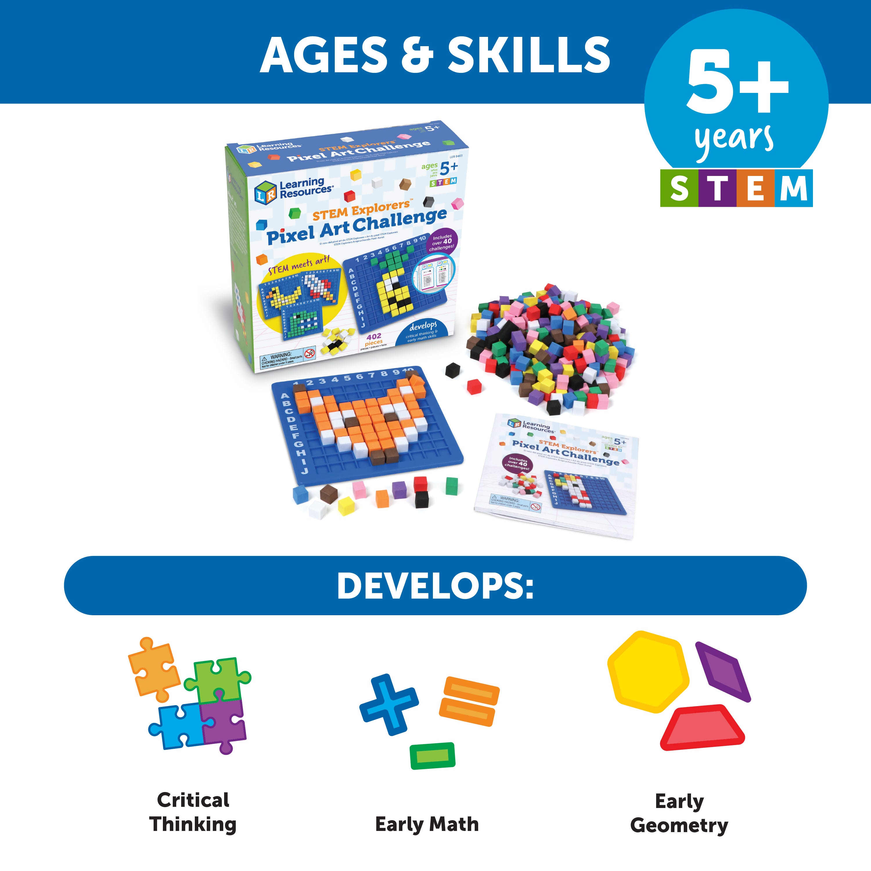 Spielset STEM Explorers Pixel Art Challenge mit Box, bunten Bausteinen, Stecktafel und Anleitung für Kinder.