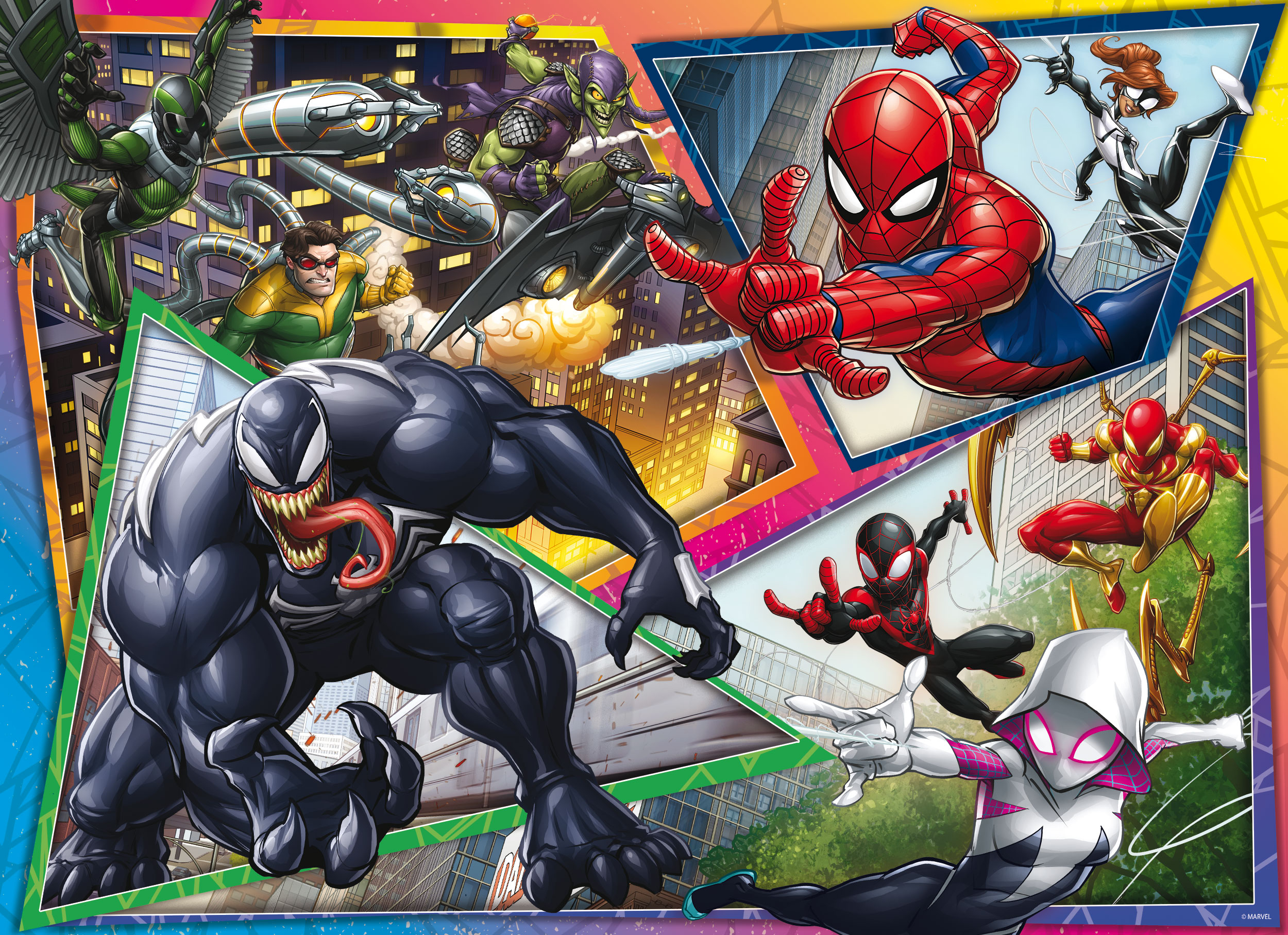 Collage de cómics con Spider-Man, Venom, Spider-Gwen y villanos en la ciudad.