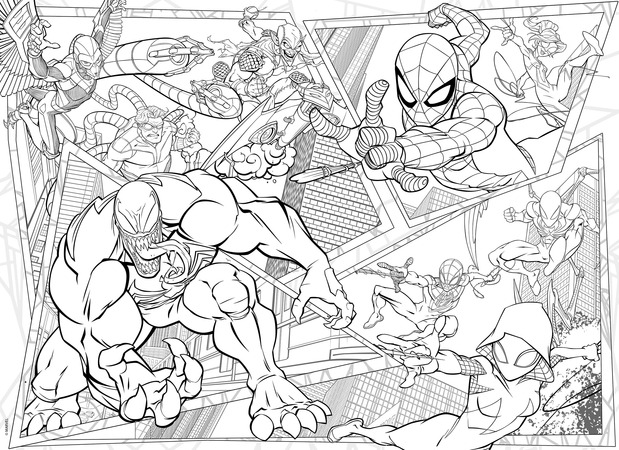 Página para colorear en blanco y negro con Spider-Man y otros superhéroes y villanos de Marvel.