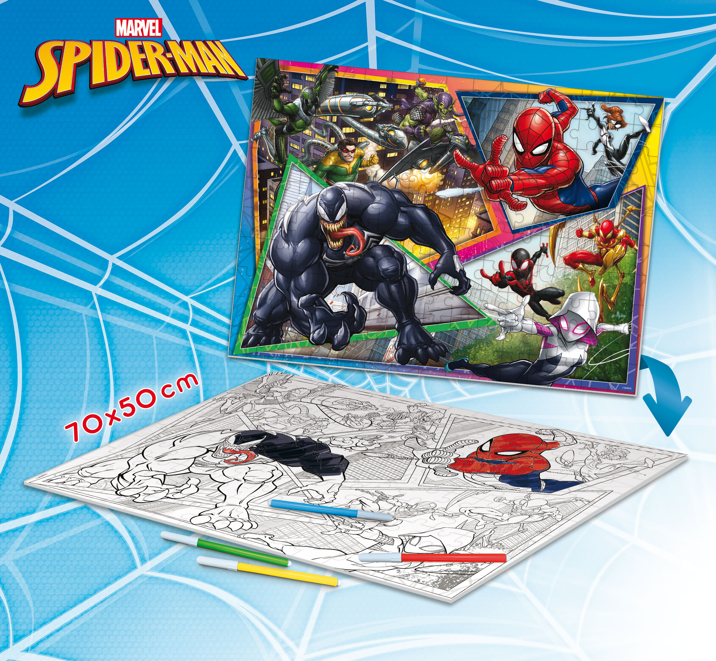 Set de puzzle de Spider-Man con póster a color y gran póster para colorear en blanco y negro con rotuladores.
