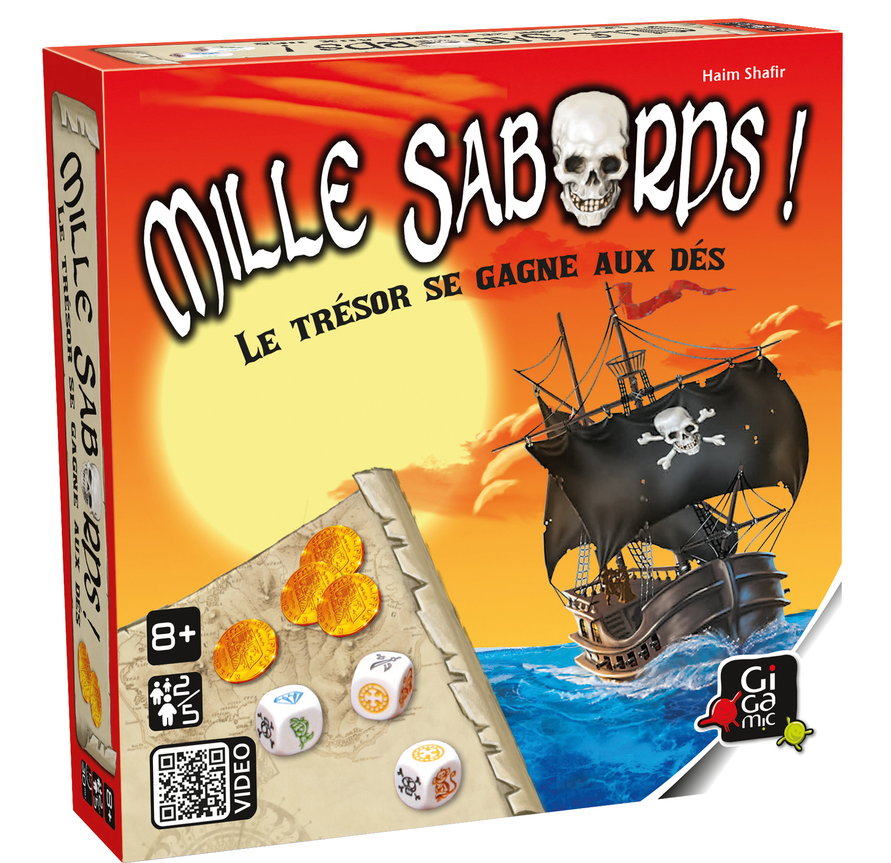 Brettspielbox Mille Sabords mit Totenkopf, Piratenschiff, Goldmünzen und Würfeln vor Sonnenuntergang.