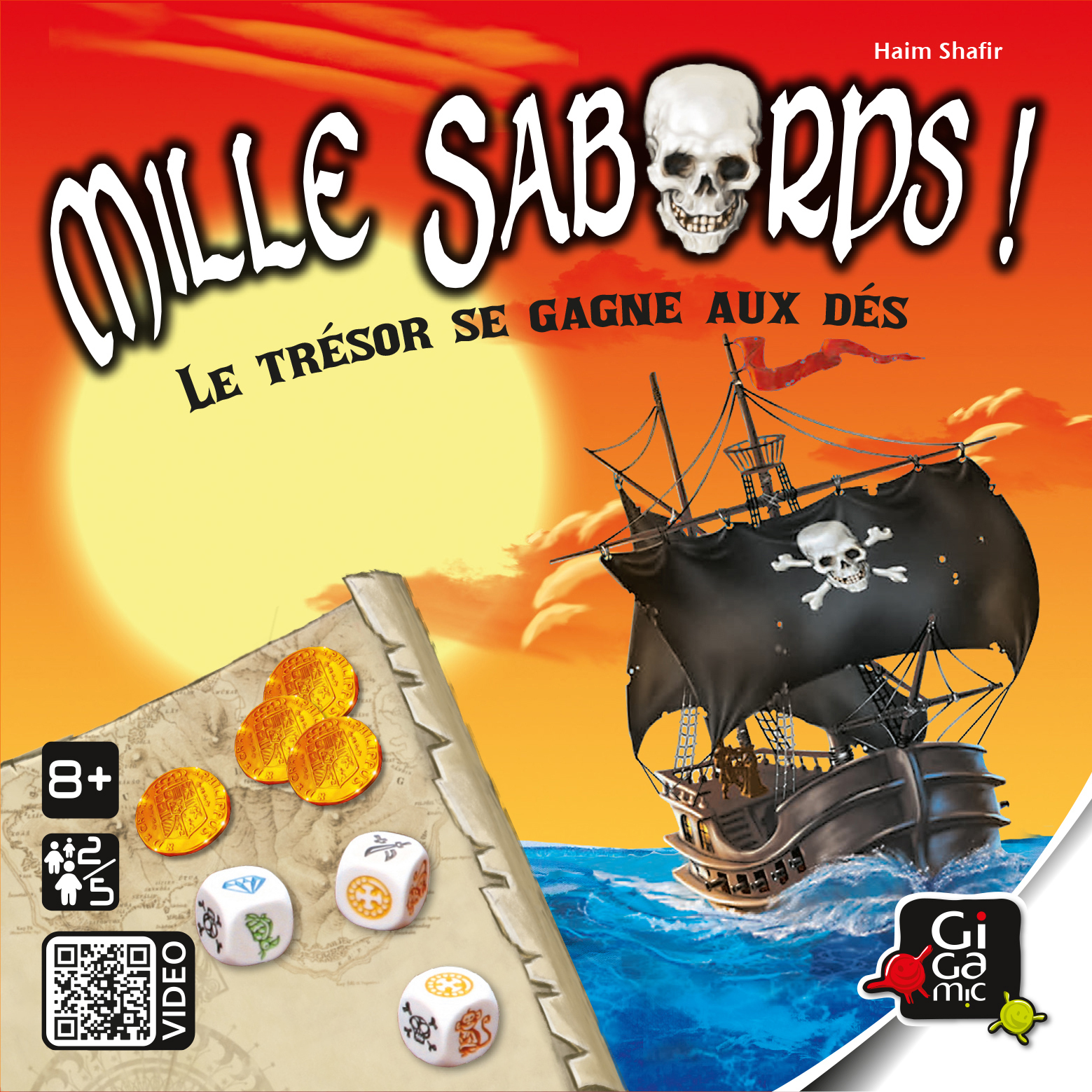 Brettspielcover mit Piratenschiff, Schädel, Goldmünzen und Würfeln vor rotem Himmel.